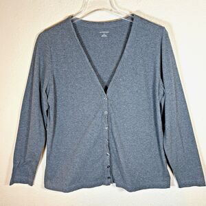 Lands End ‎ Womens Large Gray Cotton V-Neck Button Front Cardigan Sweater